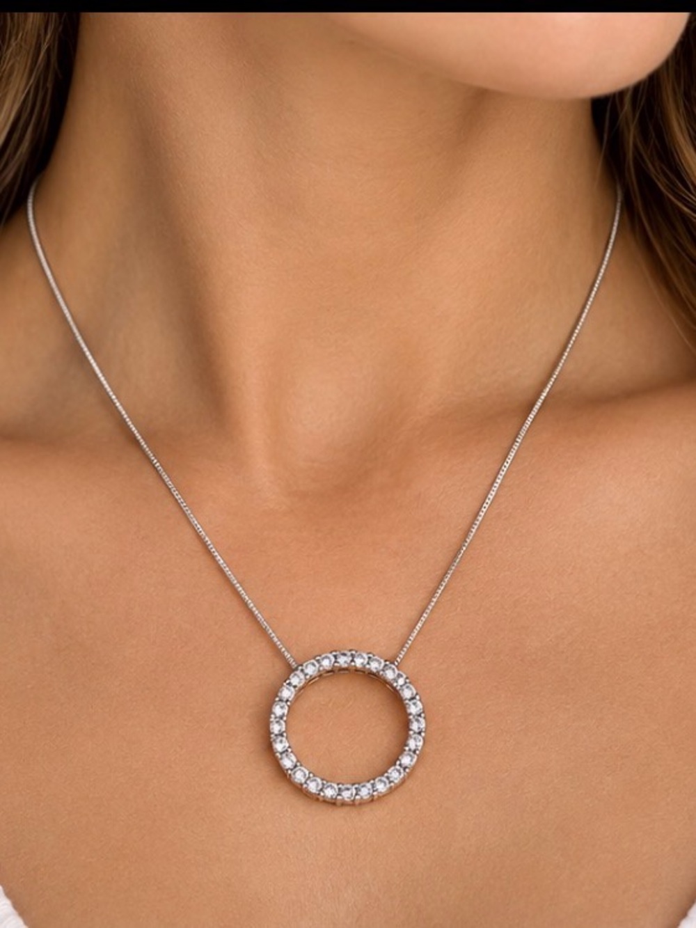 Silver Tone Sparkling Open Circle Pendant Clear Stones – Pendant Only